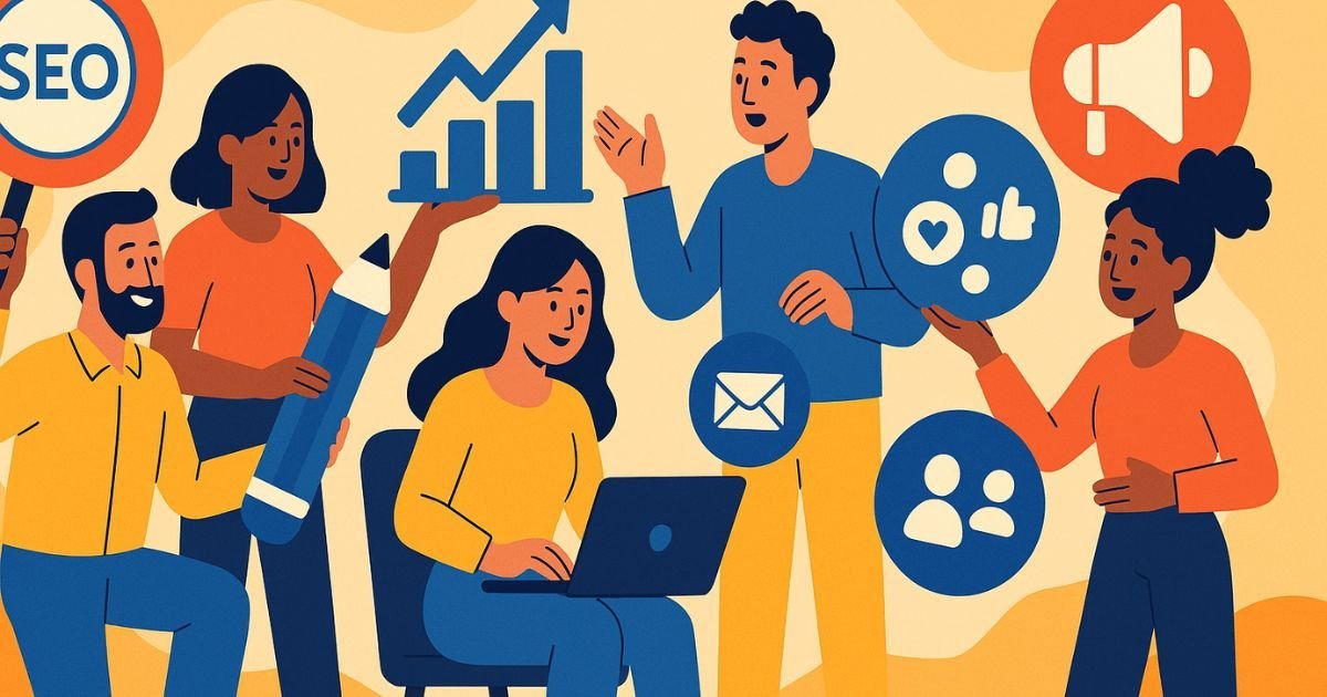 Profissionais de marketing digital aplicando habilidades essenciais como SEO, análise de dados, criação de conteúdo e comunicação