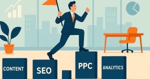 Profissional de marketing digital em terno saltando sobre blocos rotulados “CONTENT”, “SEO”, “PPC” e “ANALYTICS” em um escritório moderno, segurando uma bandeira para simbolizar a superação de desafios comuns na carreira.
