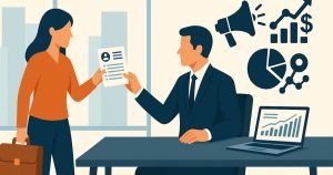 Mulher de negócios entregando currículo a um executivo em escritório moderno, com ícones de marketing digital ao fundo — megafone, gráfico de crescimento e gráfico de pizza — simbolizando a transição de carreira para marketing digital.