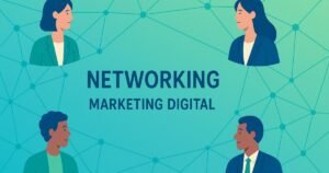 Quatro profissionais conectados por linhas e nós em um fundo degradê azul e verde, simbolizando networking em marketing digital